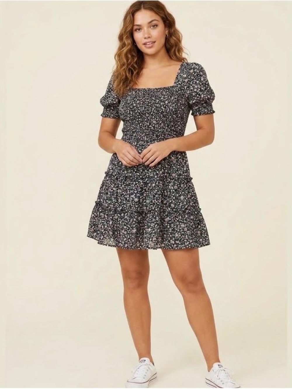 Row A Square Collar Women Dresses Summer Floral Print Short Mini Dress sz M EUC